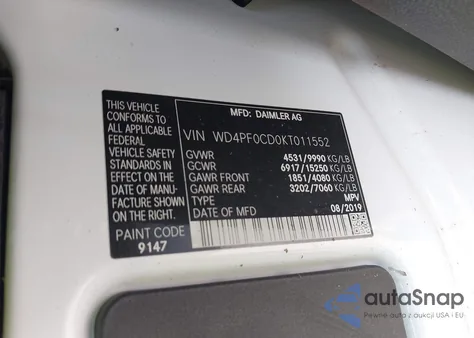 2019 Mercedes-Benz Sprinter 2500 High Roof V6/Standard Roof V6 из США, поврежденный, VIN WD4PF0CD0KT011552